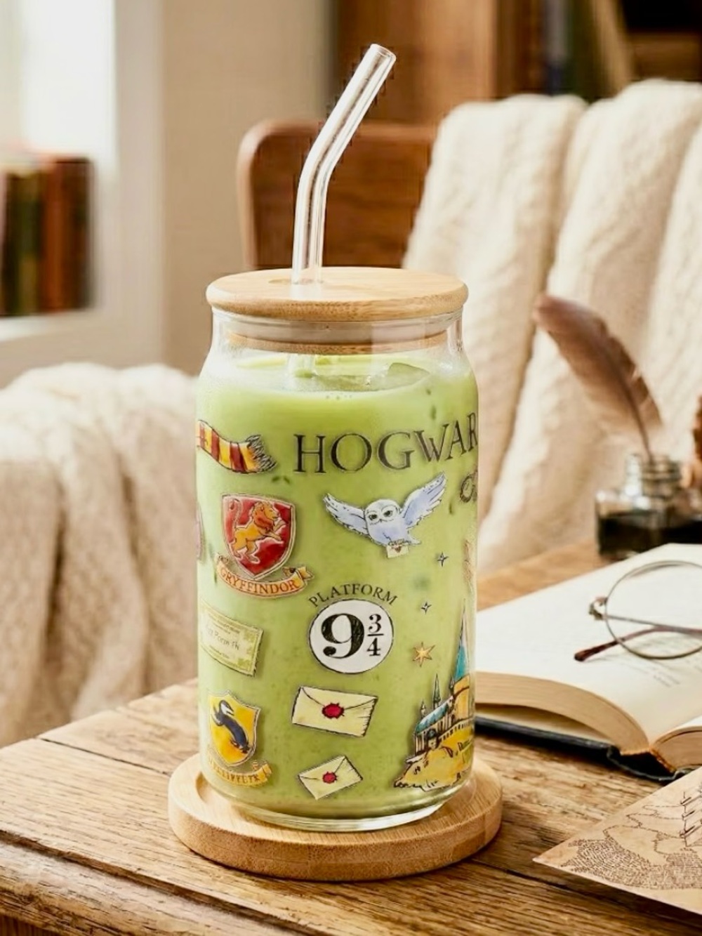 Hogwarts Glass Jar Tumbler with Straw - Green